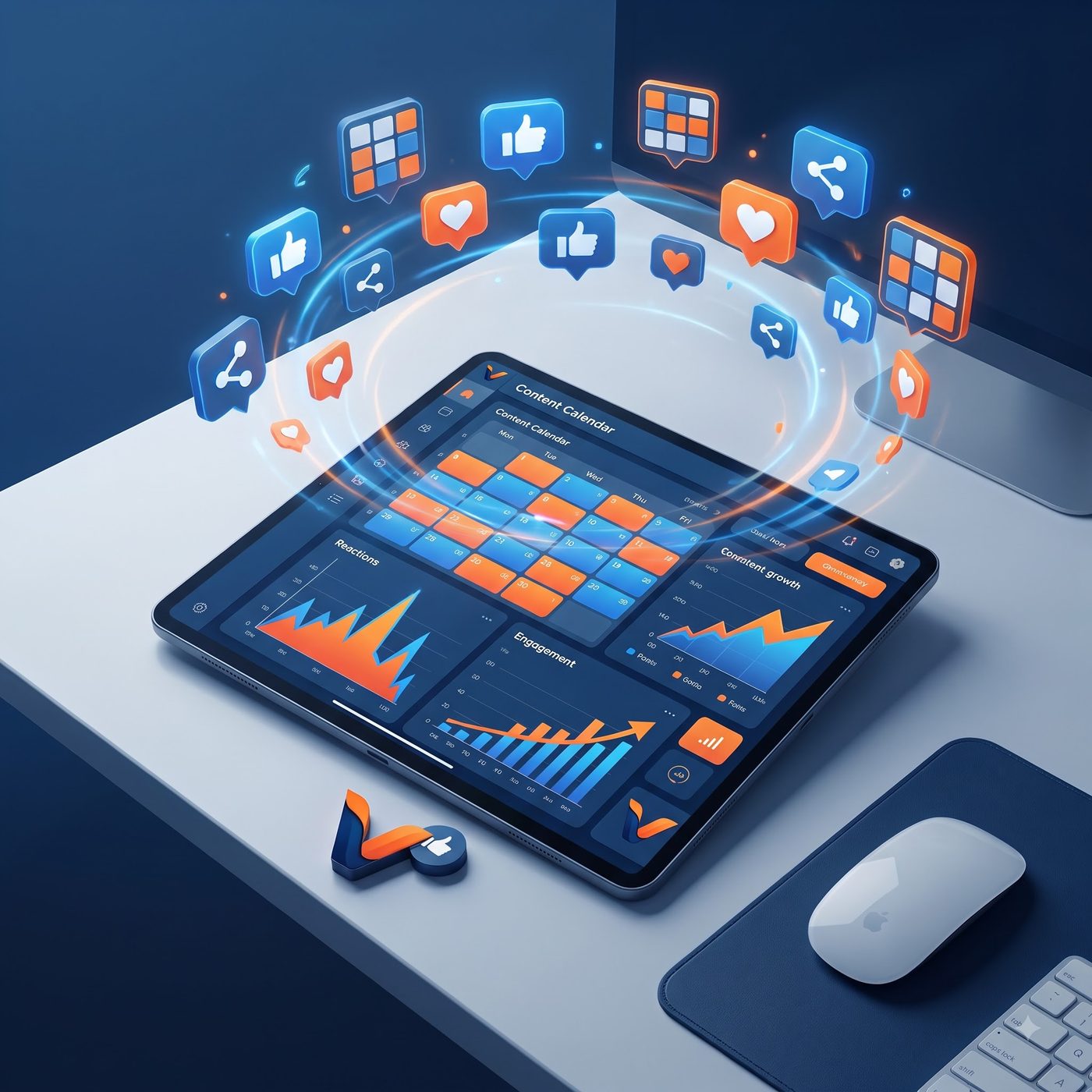 Social media management — content calendar and engagement dashboard on tablet