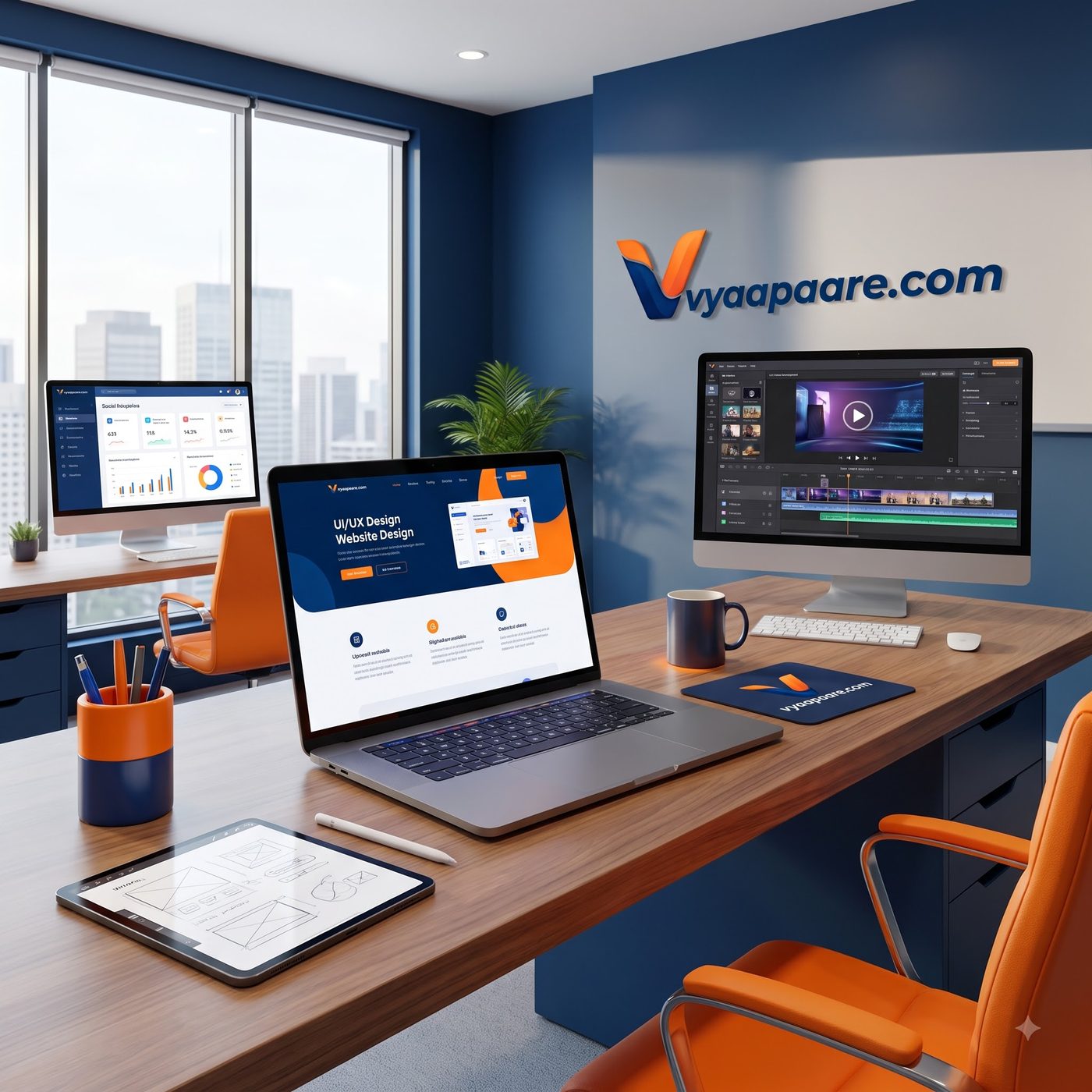 Website design and development — Vyaapaare workspace with UI/UX designs on screen